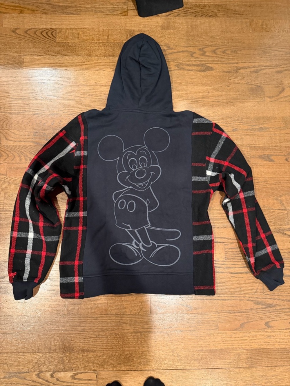 Disney Black Hoodie with Red & Gray Plaid Sleeves - Picture 2 of 4